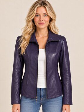 East 5th Genuine Leather Deep Purple Moto Jacket Womens M Full Zip Y2K Statement